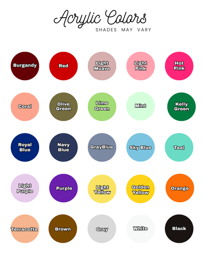 An acrylic paint color chart titled 'Acrylic Colors' showing 24 labeled color circles on a white background, including burgundy, red, light musco, light pink, hot pink, coral, olive green, lime green, mint, kelly green, royal blue, navy blue, gray blue, sky blue, teal, light purple, purple, light yellow, golden yellow, orange, terracotta, brown, gray, white, and black.