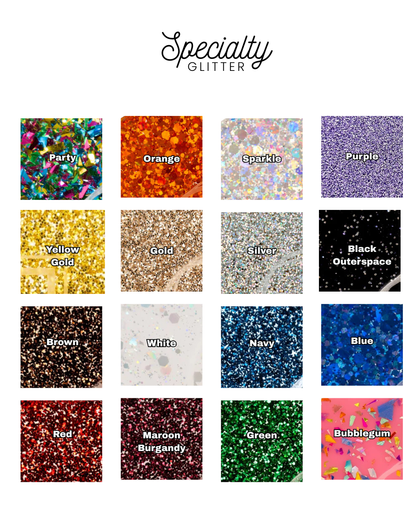 A color chart grid for Specialty Glitter showing 16 different glitter colors and patterns, including Party, Orange, Sparkle, Purple, Yellow Gold, Gold, Silver, Black Outspace, Brown, White, Navy, Blue, Red, Maroon Burgundy, Green, and Bubblegum, on a white background with the Specialty Glitter logo at the top.